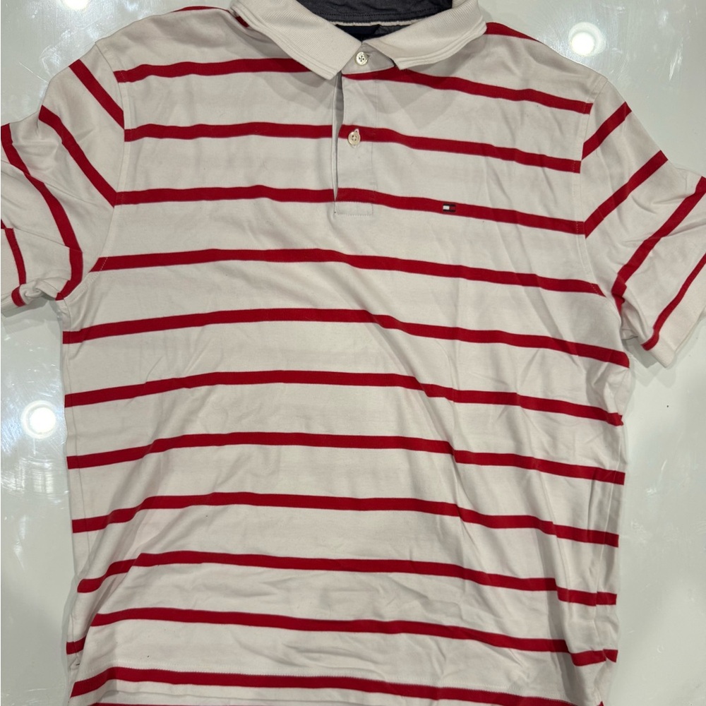Tommy Hilfiger Men's Polo with Red and White Stripes
